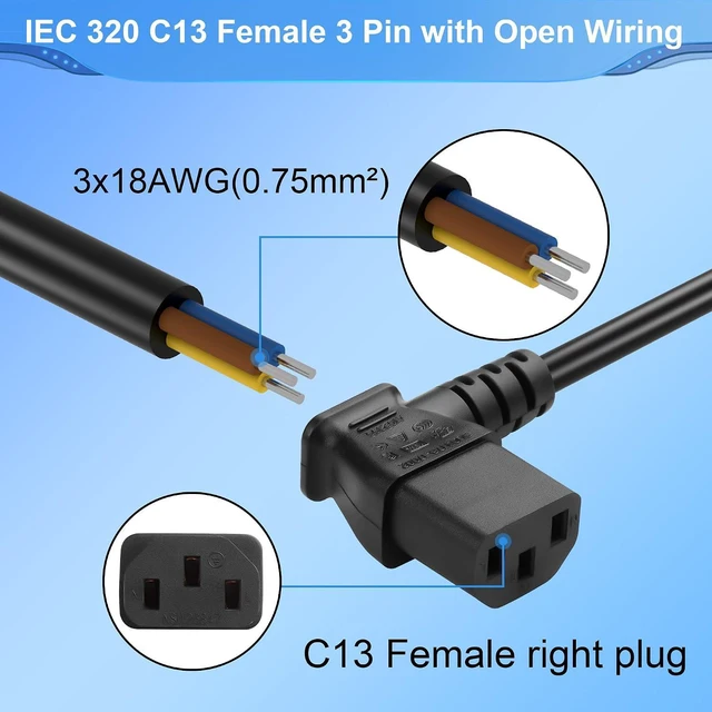 Alt view image 3 of 6 - 3.93FT IEC 320 C13 Female 3 Pin with Open Wiring Stripped, 18AWG C13 to Bare Wir