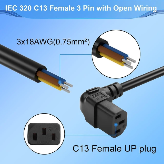 Alt view image 3 of 6 - 3.93FT IEC 320 C13 Female 3 Pin with Open Wiring Stripped, 18AWG C13 to Bare Wir