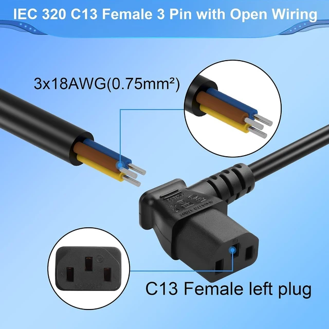Alt view image 3 of 6 - 3.93FT IEC 320 C13 Female 3 Pin with Open Wiring Stripped, 18AWG C13 to Bare Wir