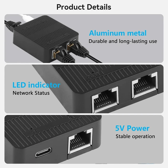 Alt view image 6 of 7 - R RJ45 Ethernet Splitter Adapter Gigabit, RJ45 Network Splitter 1 to 2, Cat5, Ca
