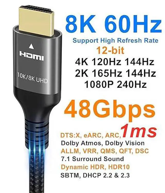 Alt view image 5 of 5 - 10K 8K 4K HDMI Cable 48Gbps 6.6 FT, Certified Ultra High Speed HDMI® Cable 4K 240Hz 144Hz 120Hz 8K60Hz 0.01ms HDR10+ eARC HDCP2.3 Netflix Roku TV PC Monitor Projector PS5 Xbox