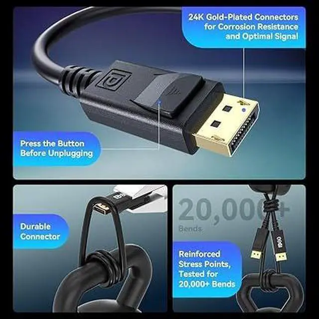 Alt view image 2 of 4 - DisplayPort 2.1 Cable 16.4FT (5M), 80Gbps DP Cable, 16K@60Hz, 8K@165Hz, 4K@240Hz, UHBR20, HDR, G-Sync & FreeSync Compatible, 24K Gold-Plated, Braided DisplayPort Cable for Gaming Monitor, PC