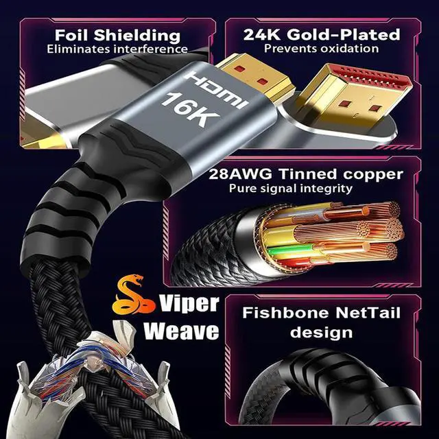 Alt view image 2 of 4 - HDMI 2.2 Cable 16.4FT (5M), 28AWG Ultra High Speed HDMI Cable, 16K@60Hz, 8K@60Hz, 4K@240Hz, eARC, HDR10+, 48Gbps, 3D, Ethernet, Gold-Plated HDMI Cable for TV, Monitor, Projector, Gaming