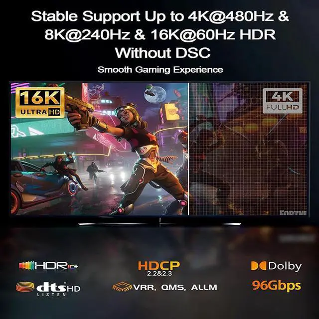 Alt view image 4 of 4 - HDMI 2.2 Cable 16.4FT (5M), 28AWG Ultra High Speed HDMI Cable, 16K@60Hz, 8K@60Hz, 4K@240Hz, eARC, HDR10+, 48Gbps, 3D, Ethernet, Gold-Plated HDMI Cable for TV, Monitor, Projector, Gaming