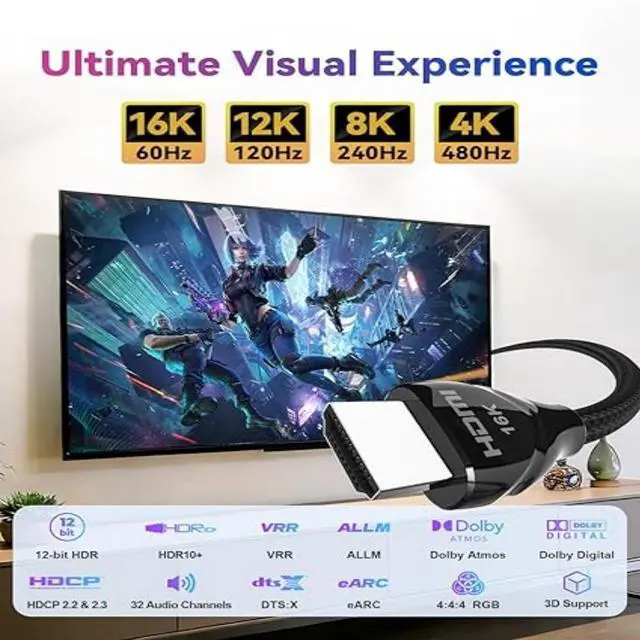 Alt view image 3 of 4 - HDMI 2.2 Cable 32.8FT (10M), 96Gbps Ultra High Speed HDMI Cable, 16K UHD, 8K@120Hz, 4K@240Hz, Gaming Grade Low Latency (<1ms), ALLM, VRR, QMS, QFT, HDR, eARC, Gold-Plated HDMI Cable for TV, Monitor &