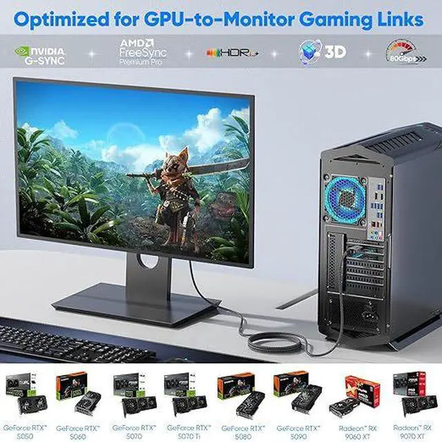 Alt view image 2 of 4 - DisplayPort 2.1 Cable 16.4FT (5M), 80Gbps UHBR20 DP Cable, 16K@60Hz, 8K@120Hz, 4K@240Hz, High Refresh Rate Gaming Cable, HDR, DSC 1.2, G-Sync & FreeSync Compatible, Braided DP Cable for Monitor & PC