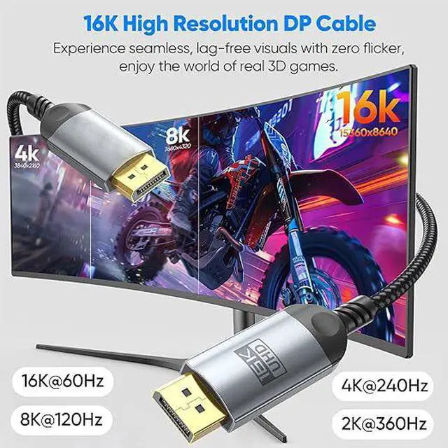 Alt view image 3 of 4 - DisplayPort 2.1 Cable 16.4FT (5M), 80Gbps UHBR20 DP Cable, 16K@60Hz, 8K@120Hz, 4K@240Hz, High Refresh Rate Gaming Cable, HDR, DSC 1.2, G-Sync & FreeSync Compatible, Braided DP Cable for Monitor & PC
