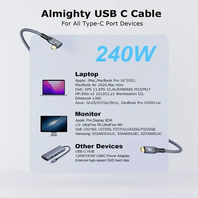 Alt view image 2 of 2 - 3M USB-C Cable 4K@60Hz Video Output 20Gbps Data Transfer 240W PD Fast Charging Type-C Extension Cable for Laptop, Monitor, SSD, USB-C Hub