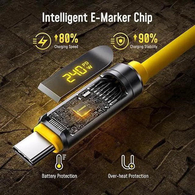 Alt view image 3 of 6 - USB4 2.0 Cable with LED Digital Display 3.3ft, 240W PD3.1 Fast Charging, 80Gbps Data Transfer, Dual 8K Display, The Adonis USB C Cable for MacBook Pro/iPhone 17 Pro Max/Galaxy/SSD/Docking,Yellow