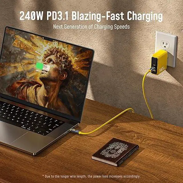 Alt view image 4 of 6 - USB4 2.0 Cable with LED Digital Display 3.3ft, 240W PD3.1 Fast Charging, 80Gbps Data Transfer, Dual 8K Display, The Adonis USB C Cable for MacBook Pro/iPhone 17 Pro Max/Galaxy/SSD/Docking,Yellow