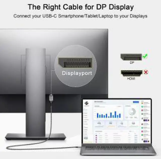 Alt view image 3 of 5 - USB-C to DisplayPort Cable 3.9FT (1.2M), 4K@60Hz Type-C to DP Cable, 2K@165Hz High Refresh Rate Video Cable, Nylon Braided DisplayPort Adapter, Gold-Plated Connector for MacBook Pro