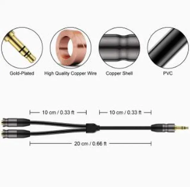 Alt view image 2 of 5 - 3.5mm Audio Splitter Cable 0.8FT (0.25M), Male to Dual Female AUX Adapter, Headphone Y Splitter Cable with Gold-Plated Connector for Headphones, Earbuds, Speakers & Mobile Devices