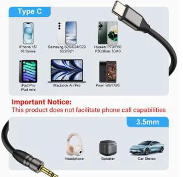 Alt view image 2 of 4 - USB-C to 3.5mm AUX Audio Cable 16.4FT (5M), Type-C to 3.5mm Male Audio Cable for Car Stereo, Headphones, Speakers & Android Devices, Noise-Free Sound Transmission