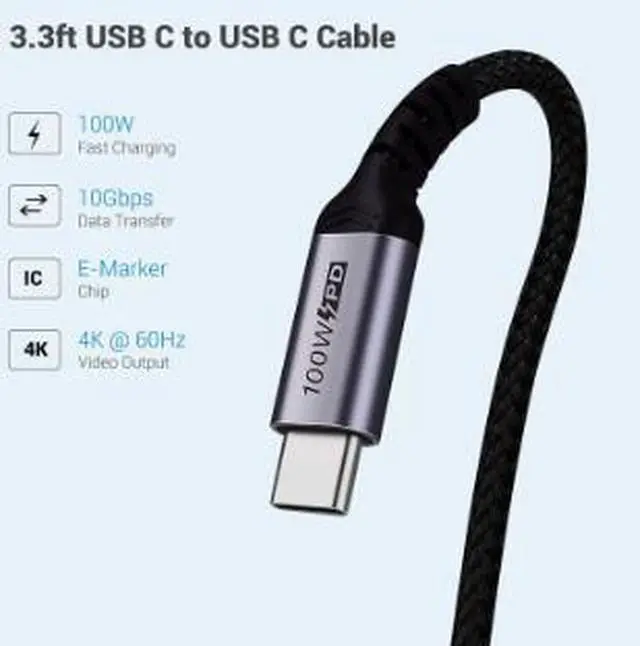 Alt view image 2 of 4 - USB-C to USB-C Cable 9.8FT (3M), USB 3.1 Gen 2 10Gbps Data Transfer Cable with 100W PD Fast Charging, 4K@60Hz Video Output for Laptop, SSD, Monitor & Mobile Devices