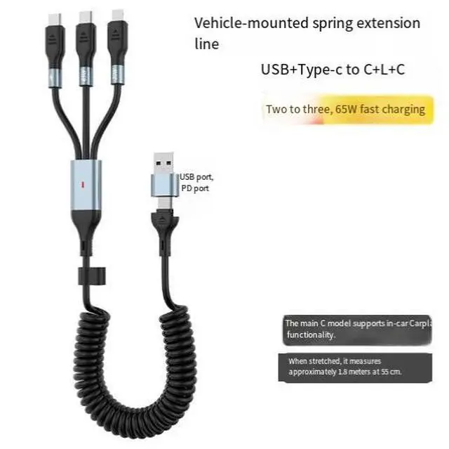 Alt view image 2 of 3 - Retractable Car Charger Cable 5FT (1.5M), 3-in-1 USB Charging Cable with LED Light, 65W Fast Charging Support for iPhone, USB-C Devices & Android Phones