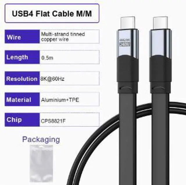 Alt view image 2 of 5 - USB4 Flat USB-C Cable 1.6FT (0.5M), 40Gbps High Speed Type-C to Type-C Cable with E-Marker Chip, 240W PD Fast Charging, 8K@60Hz Video Support