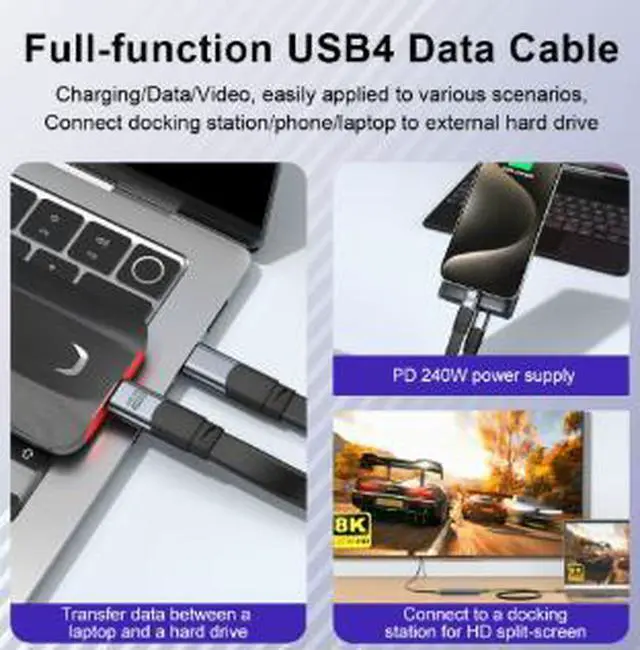 Alt view image 5 of 5 - USB4 Flat USB-C Cable 1.6FT (0.5M), 40Gbps High Speed Type-C to Type-C Cable with E-Marker Chip, 240W PD Fast Charging, 8K@60Hz Video Support