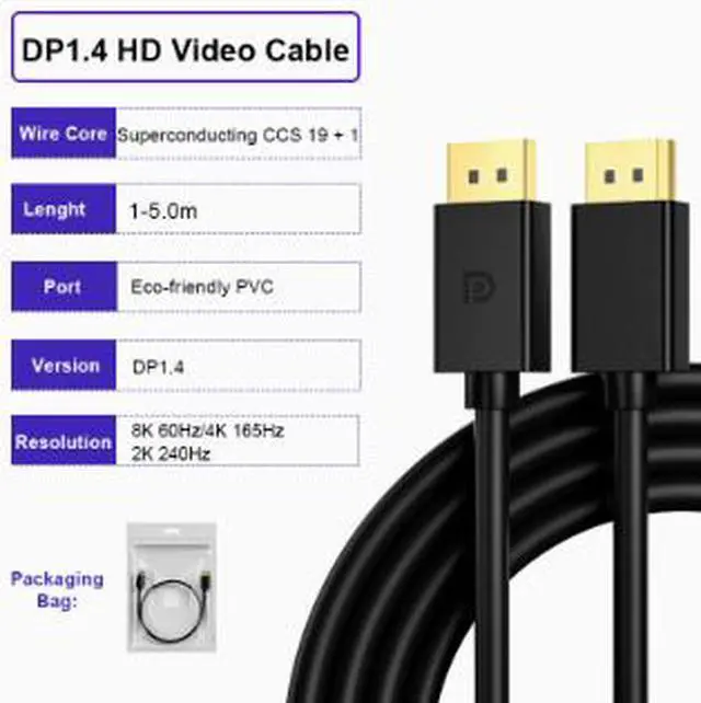 Alt view image 3 of 5 - DisplayPort 1.4 Cable 16.4FT (5M), 8K@60Hz UHD DP Cable Male to Male with Gold-Plated Connector, 4K@240Hz High Refresh Rate Cable for Gaming Monitor & PC