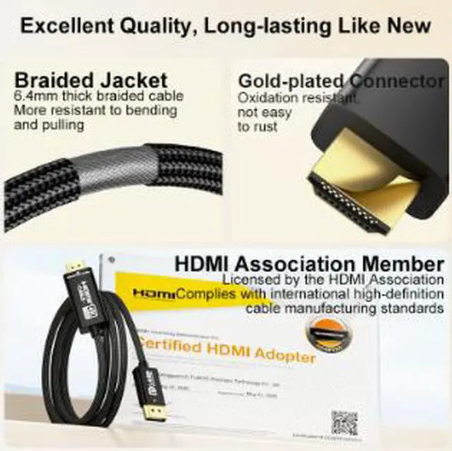 Alt view image 2 of 4 - DisplayPort to HDMI Cable 6.6FT (2M), Uni-Directional DP Male to HDMI Male Adapter Cable Supports 4K@120Hz, 8K@30Hz with Aluminum Alloy Shell for PC Monitor & TV