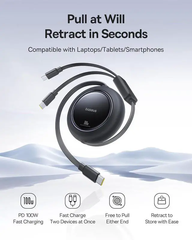 Alt view image 4 of 7 - Retractable USB C Cable 4ft, Single Port Max 100W 2 in 1 USBC to USBC Multi Fast Charging Cable, 5 Length Presets, Type C Charger Cord for iPhone 17 Pro/Plus/Max, Galaxy S24, iPad Pro, Tablet