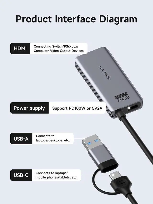 Alt view image 2 of 7 - USB3.0 Video Capture Card with 100W PD HDMI to USB/USB C 1080P HD 60fps Live and Record Video Audio Game MS2130 for Quest 3 2 Pro VR Switch2 PS4/5 Live Broadcast, Gaming, Streaming (UHC07P)