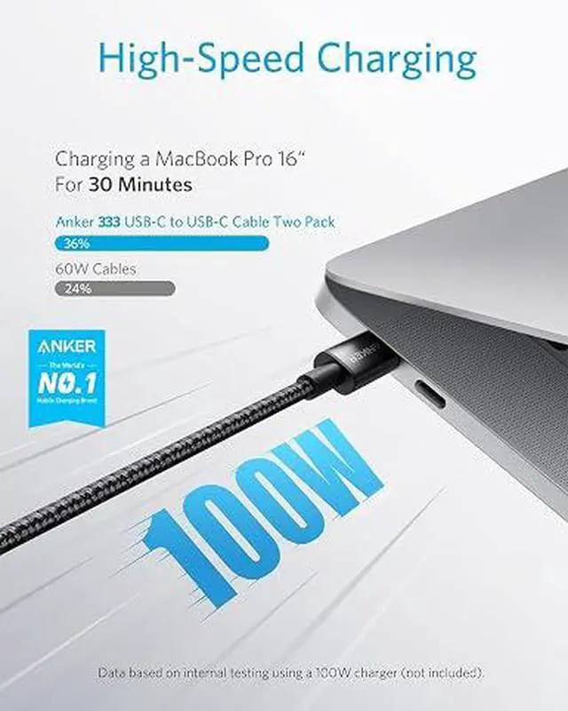 Alt view image 4 of 5 - USB C to USB C Cable, 2-Pack 6 FT (1.8 m) Type C 100W Charger Cord, Fast Charging for iPhone 17 Series, MacBook Pro 2020, Pixel, and More (Black, Not for Video Output)