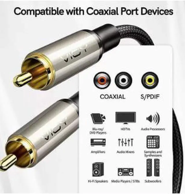 Alt view image 3 of 5 - 6M Digital Coaxial Audio Cable RCA Male to Male, SPDIF Cable with 24K Gold-Plated Connectors for Subwoofer, HDTV, Amplifier, Home Theater & Car Audio