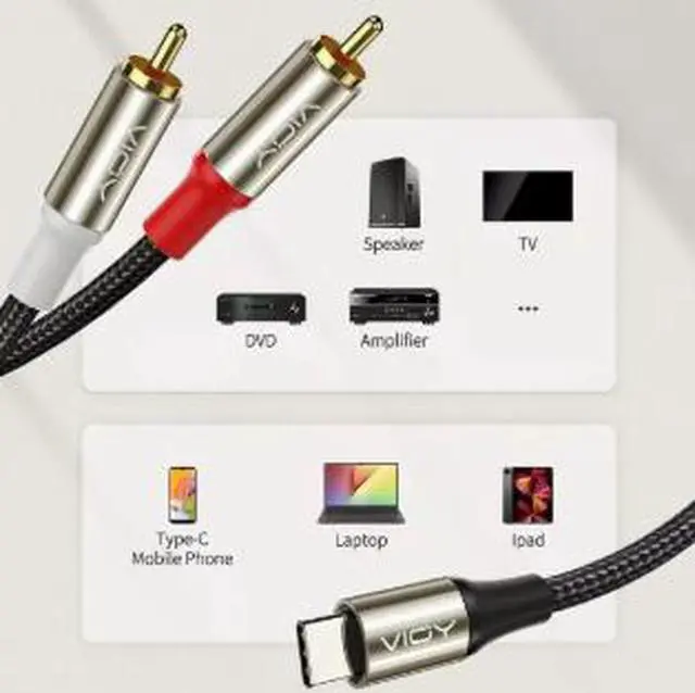 Alt view image 4 of 4 - 1M USB-C to Dual RCA Male Audio Cable, Type-C Digital Audio Adapter with KT0200 DAC Chip for Speaker, Amplifier, Sound System & Home Theater