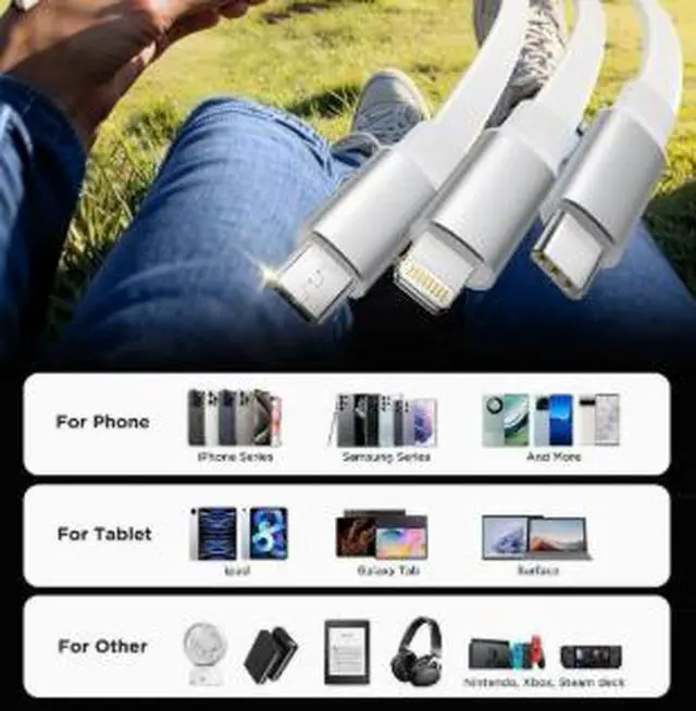 Alt view image 2 of 4 - 1.2M Retractable 3-in-1 Fast Charging Cable 100W, Multi Charging Cord with USB-C, Lightning & Micro USB Connectors for iPhone Android Devices