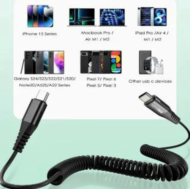 Alt view image 2 of 4 - 3M USB-C to USB-C Coiled Charging Cable 100W PD Fast Charging Cable, 5A Spring Design Type-C Cable for Car, Laptop, Phone & USB-C Devices