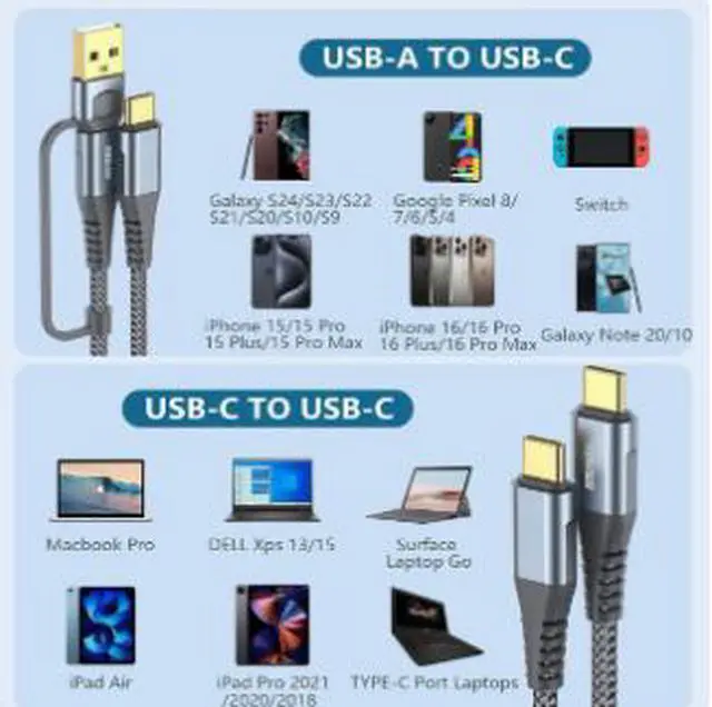 Alt view image 2 of 4 - 2-in-1 USB-A/C to USB-C Charging Cable 3m PD 100W Fast Charging Nylon Braided Cord for iPhone/Android/Samsung, 3A High-Speed Sync, Durable & Tangle-Free