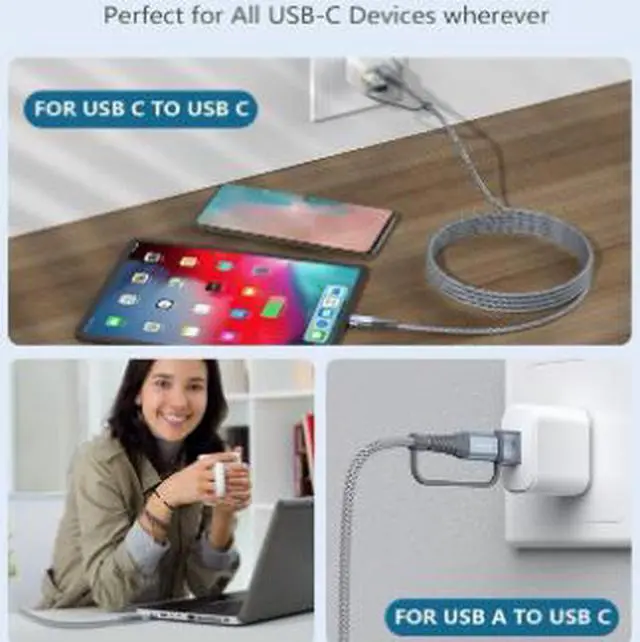 Alt view image 3 of 4 - 2-in-1 USB-A/C to USB-C Charging Cable 3m PD 100W Fast Charging Nylon Braided Cord for iPhone/Android/Samsung, 3A High-Speed Sync, Durable & Tangle-Free