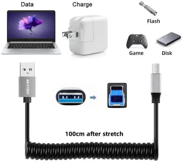 Alt view image 4 of 6 - 3.28FT USB 3.0 Coiled Cable, USB 3.0 TypeA Male to TypeB Male HighSpeed Data Transfer & Charging Cable for Phones, Laptops & USB Flash Drives