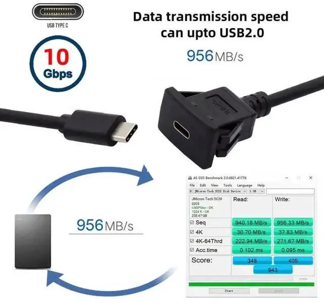 Alt view image 3 of 7 - USB 3.1 Gen 2 10Gbps FlushMount USBC Male to Female PanelMount Extension Cable, Waterproof & Dustproof for Car Dashboard