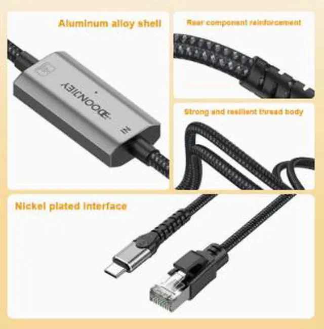 Alt view image 4 of 4 - 3.9FT USB C to Gigabit Ethernet Adapter, Type-C to RJ45 Network Adapter with USB 3.0 High Speed LAN Port for Laptop Tablet Smartphone