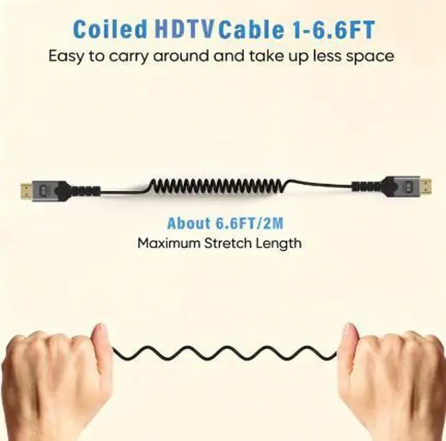 Alt view image 2 of 4 - 6.6FT HDMI 2.1 Coiled Cable 8K@60Hz, Retractable Flexible HDMI Male to Male Cable with Aluminum Alloy Shell for TV Camera Monitor