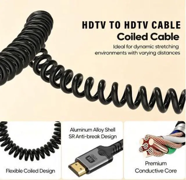 Alt view image 3 of 4 - 6.6FT HDMI 2.1 Coiled Cable 8K@60Hz, Retractable Flexible HDMI Male to Male Cable with Aluminum Alloy Shell for TV Camera Monitor