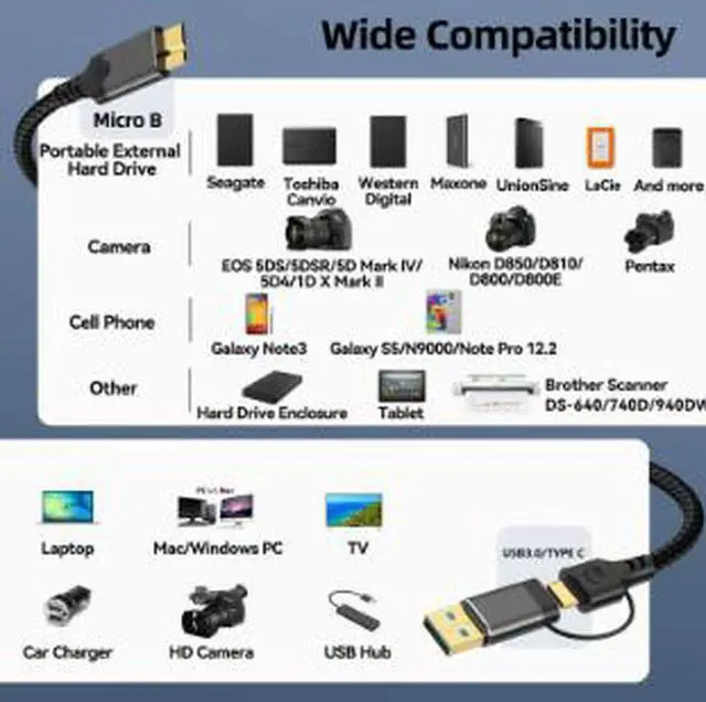 Alt view image 3 of 4 - 9.8FT USB 3.0 Micro B Cable, USB-A to Micro USB 3.0 Data Cable Braided Cord for External Hard Drive Camera Nikon Canon Pentax