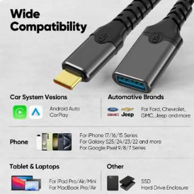 Alt view image 4 of 4 - 9.8FT USB-C OTG Cable, USB Type-C Male to USB 3.0 Type-A Female Adapter Cable for Flash Drive Mouse Keyboard Car Audio Laptop Phone