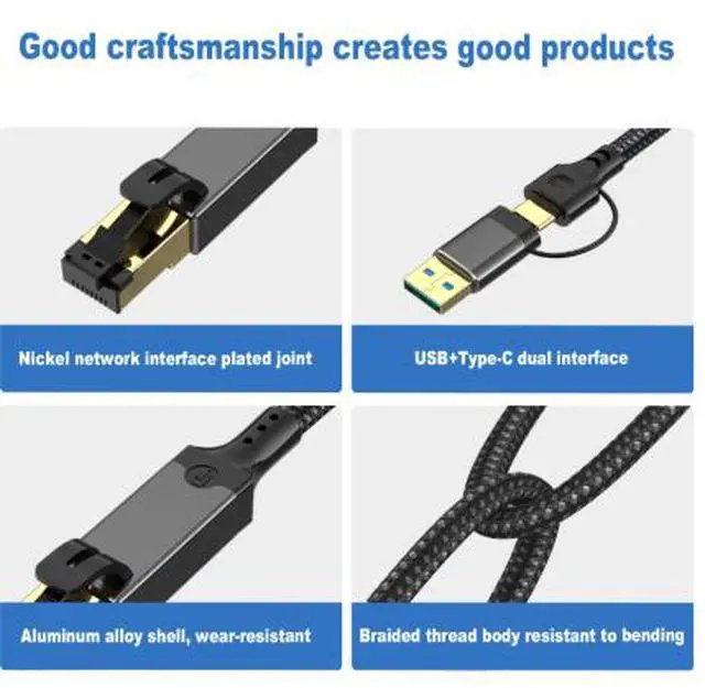 Alt view image 4 of 4 - 3.3FT USB 3.0 & USB-C to RJ45 Gigabit Ethernet Adapter, Dual Interface 1000Mbps USB LAN Network Adapter with Aluminum Alloy Shell Braided Cable