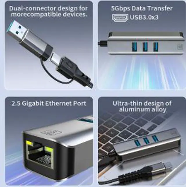 Alt view image 2 of 4 - USB-C 2.5G Ethernet Hub, Dual Connector Type-C Network Adapter with 3 USB 3.0 Ports 5Gbps Data Transfer Aluminum Alloy Hub for Laptop Tablet Phone