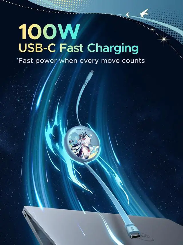 Alt view image 5 of 6 - Nexode 100W Retractable Cable Honkai: Star Rail, Glacier Blue, 3.3FT | USB C Charger Cable for iPhone 17/16, MacBook Pro/Air, Galaxy S26/S25, iPad Pro/Air, Pixel 10/9, Switch, AirPods
