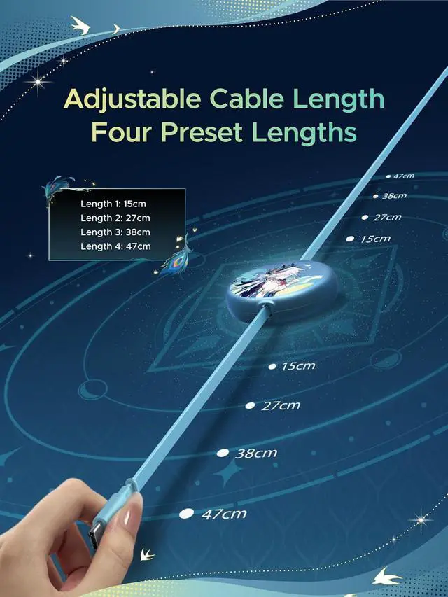 Alt view image 3 of 6 - Nexode 100W Retractable Cable Honkai: Star Rail, Glacier Blue, 3.3FT | USB C Charger Cable for iPhone 17/16, MacBook Pro/Air, Galaxy S26/S25, iPad Pro/Air, Pixel 10/9, Switch, AirPods