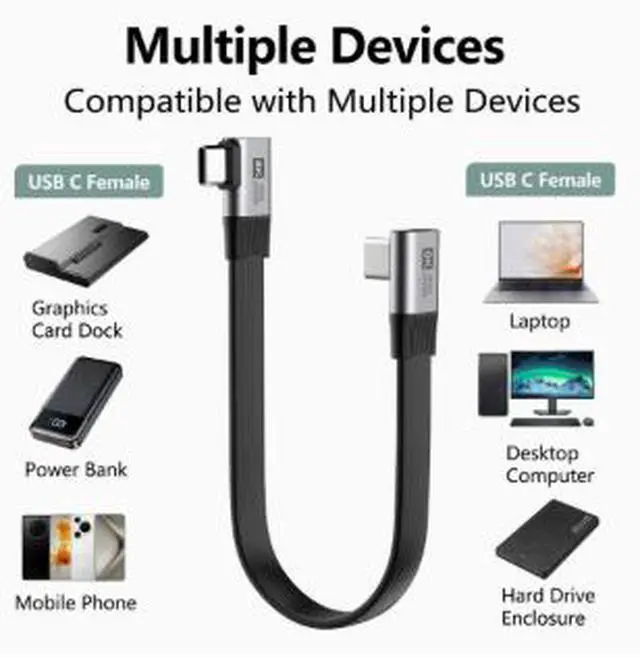 Alt view image 3 of 3 - 20cm USB-C 5 Extension Cable 80Gbps, 240W PD Fast Charging, 8K@60Hz Video Support, Right Angle USB4 High Speed Cable for Gaming Dock VR Laptop