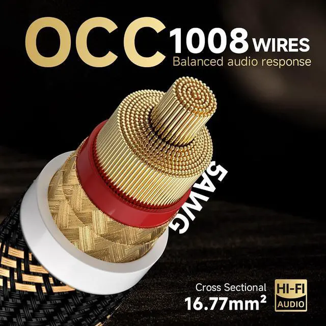 Alt view image 7 of 7 - 4.9ft 99.9999% OCC Speaker Cable with Banana Plugs and Spade Plugs | Aluminum Foil Shielding, 24K Gold-Plated Plugs, Pure Copper Shells, Nylon Braided, for Speakers Home Theater Amplifier Stereo