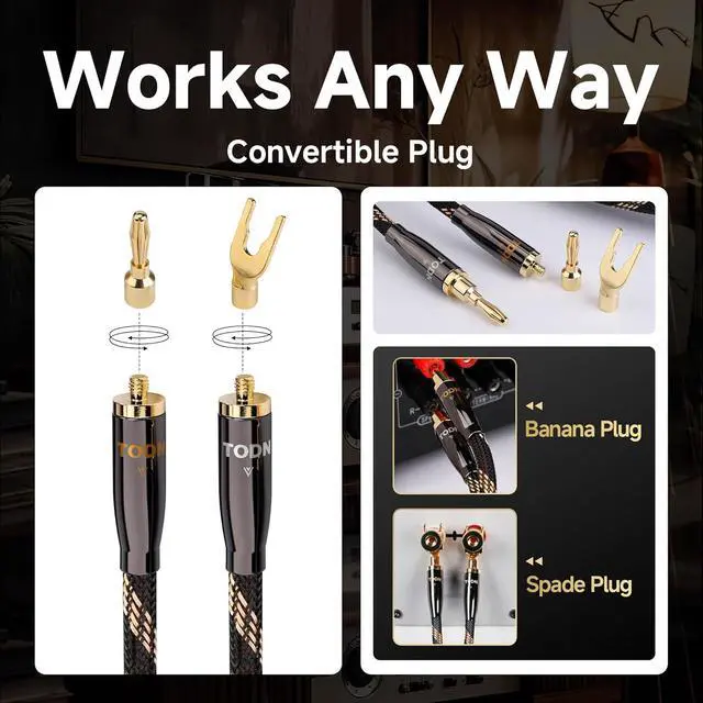 Alt view image 6 of 7 - 4.9ft 99.9999% OCC Speaker Cable with Banana Plugs and Spade Plugs | Aluminum Foil Shielding, 24K Gold-Plated Plugs, Pure Copper Shells, Nylon Braided, for Speakers Home Theater Amplifier Stereo