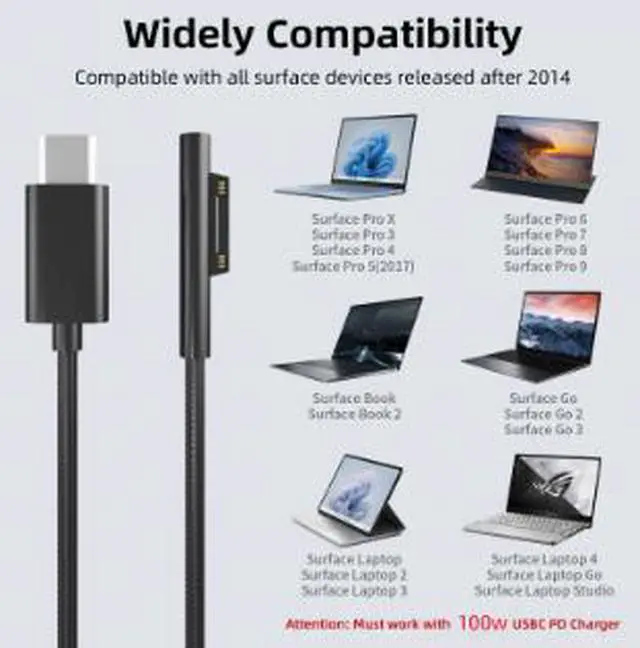 Alt view image 5 of 5 - 1.8M USB-C to Surface Charging Cable 100W PD 15V/3A, Compatible with Microsoft Surface Pro 3/4/5/6/7/8/9, Surface Go, Book, Laptop