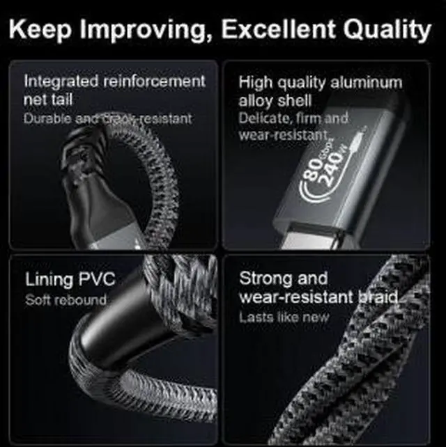 Alt view image 2 of 4 - USB4 Type-C to Type-C Cable, 80Gbps Ultra High Speed Data Transfer Cable with 240W PD Fast Charging, 4K@144Hz Video Support, E-Marker Chip