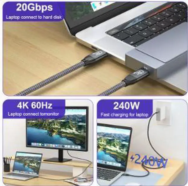 Alt view image 3 of 4 - 2.0M USB 3.2 Type-C to Type-C Cable, 20Gbps High Speed Data Transfer Cable with 240W PD Fast Charging, 4K@60Hz Video Support, E-Marker Chip