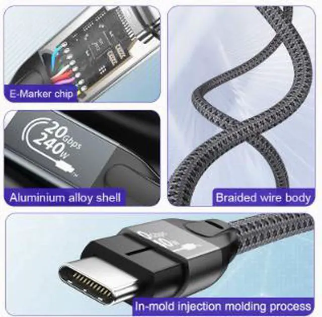 Alt view image 4 of 4 - 2.0M USB 3.2 Type-C to Type-C Cable, 20Gbps High Speed Data Transfer Cable with 240W PD Fast Charging, 4K@60Hz Video Support, E-Marker Chip